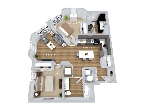 Floor plan for 2 beds, 2 baths, 1016 sqft